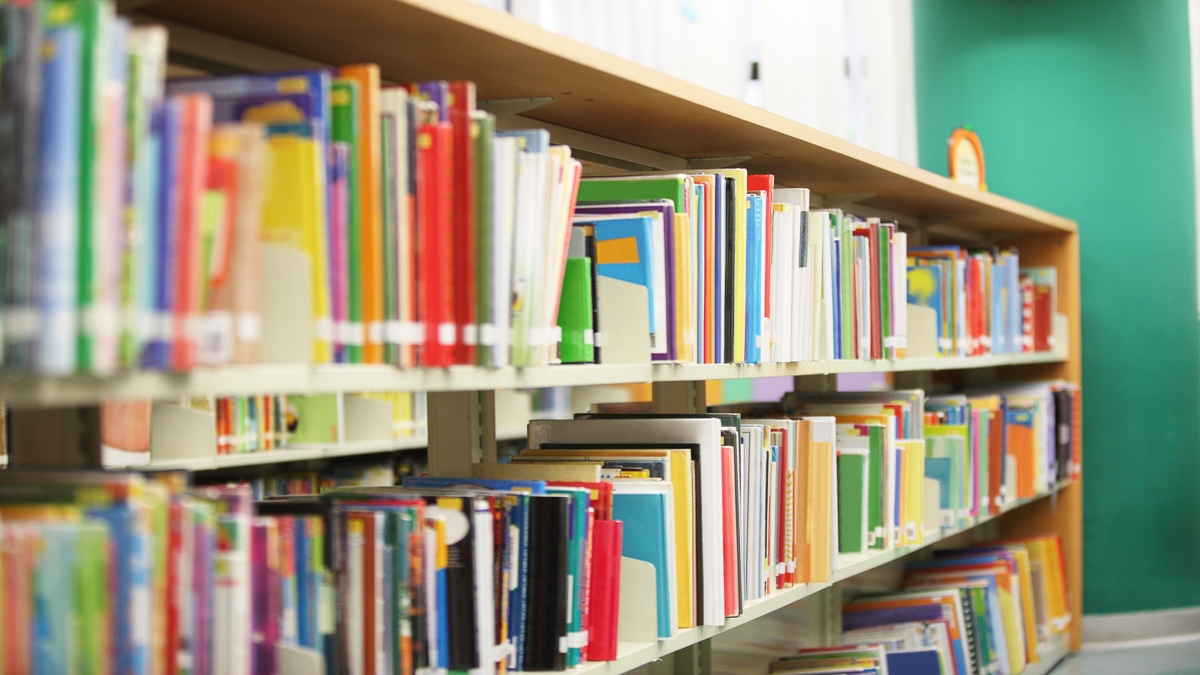 Rows of books on library bookshelves 
