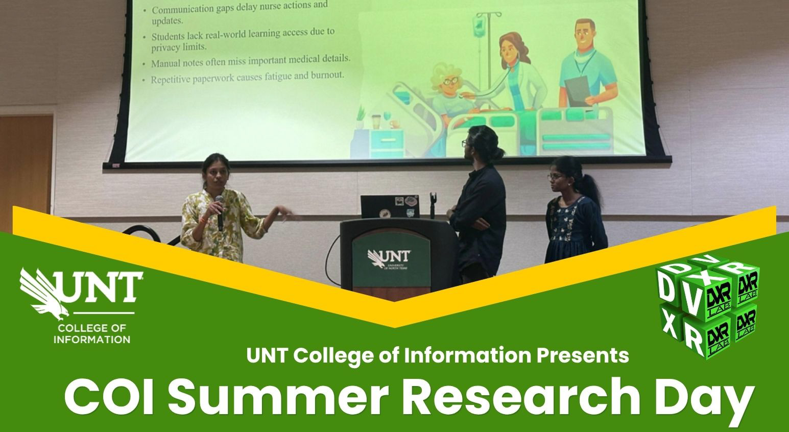 UNT COI Summer research day is showing students presenting their research on a projector
