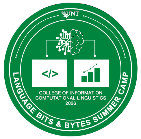 Badge graphic for the Computational Linguistics camp featuring icons of a brain, code, and graph chart, and also UNT logo.