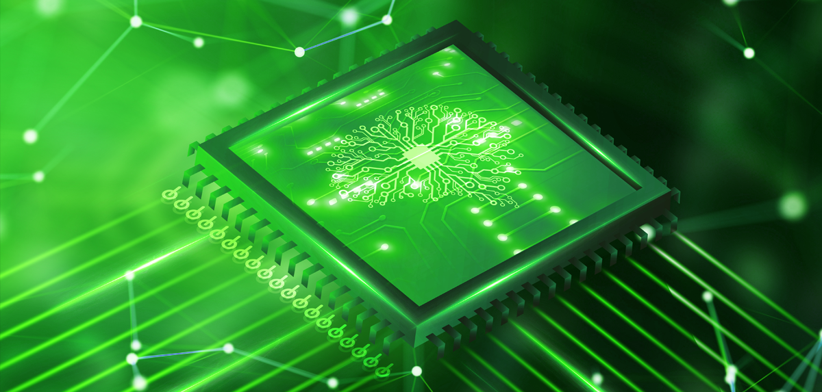 Close-up view of computer chip on circuit board.