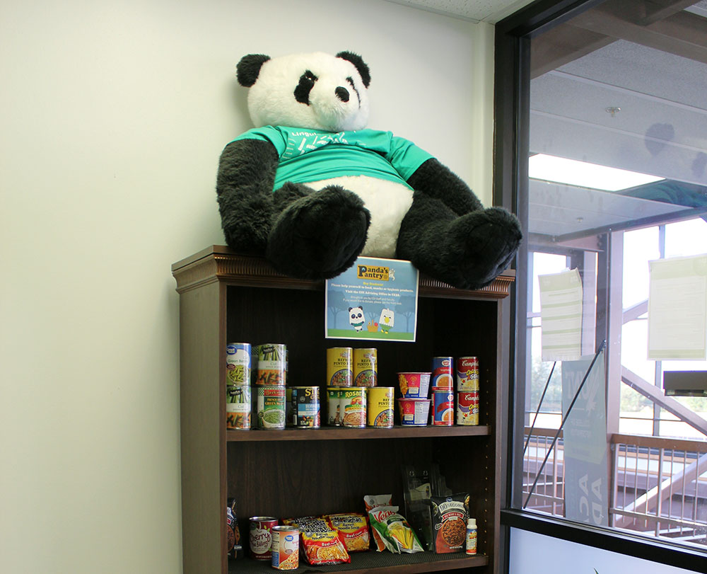 Stuffed panda sitting on top of pantry.