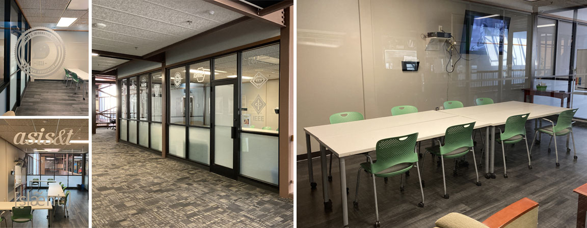 Student Organization Lounge Exterior View with adjacent indoor view of table, tv, and chairs.