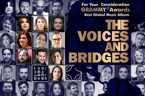 The Voices and Bridges title with a monotone mosaic of musical contributor faces.